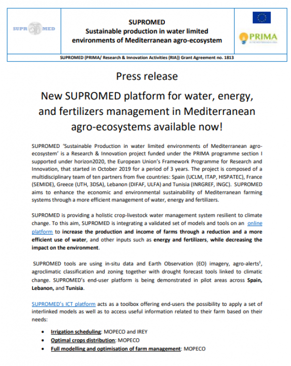 New  press release: SUPROMED platform for water, energy, and fertilizers management in Mediterranean agro-ecosystems available now!